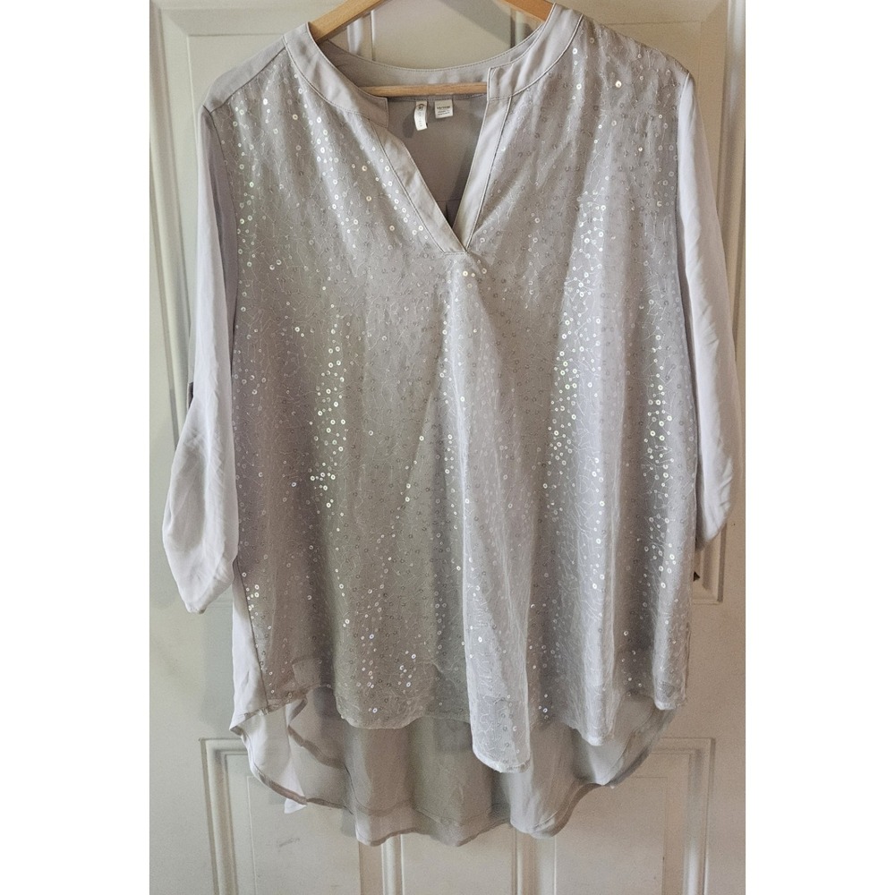 Cato Women's 14/16W Gray Sequin Lace Front Tunic Blouse‎ 3/4 Sleeve Plus Size